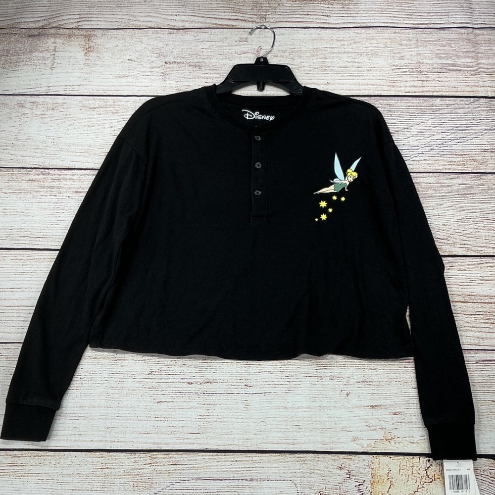 Disney Peter Pan Henley Top Y2K Cropped Tinker Bell Women XS Black New With Tags